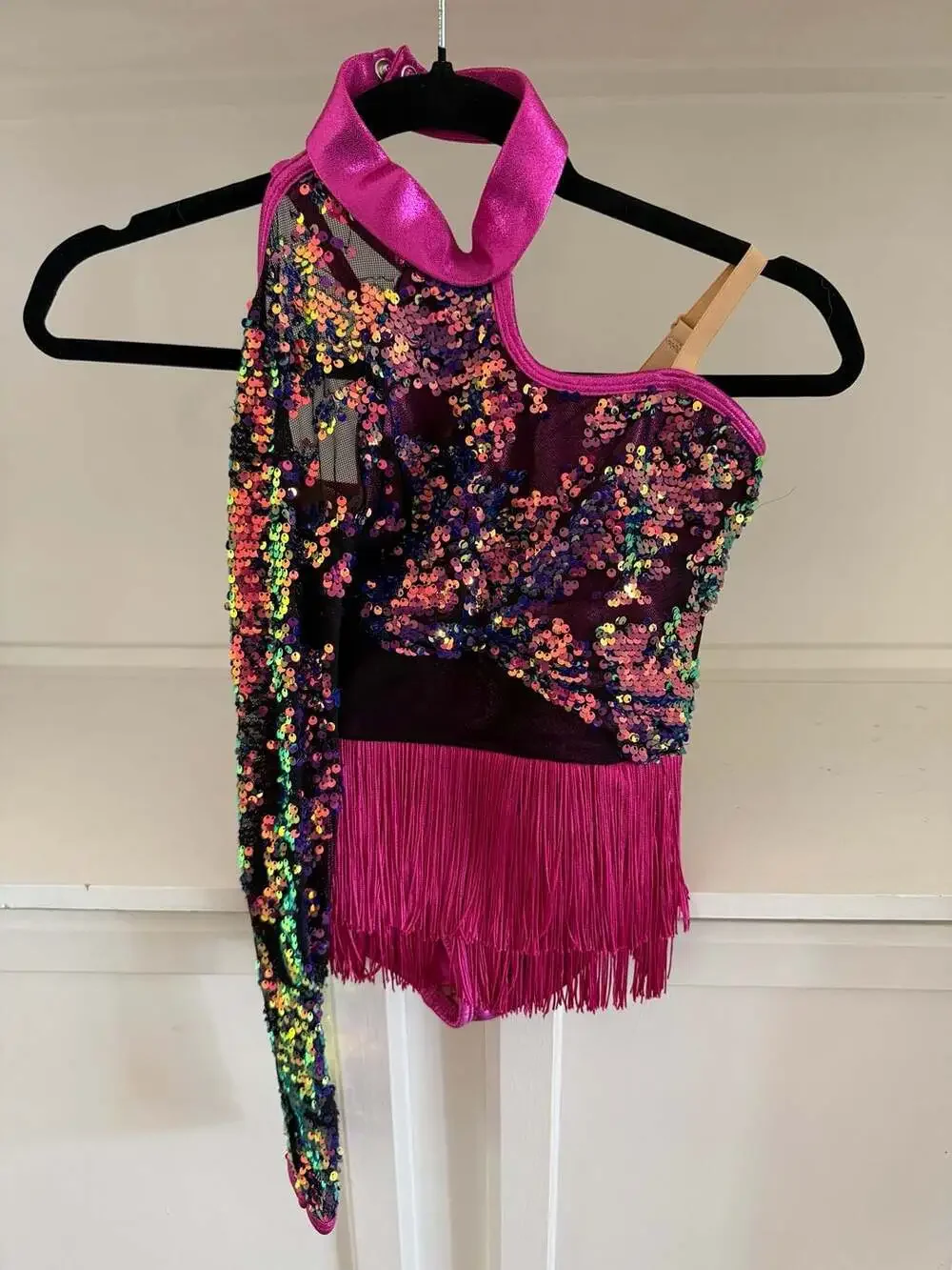Revolution Dancewear Asymmetrical Girl’s Sequin with Fringe Dance Costume